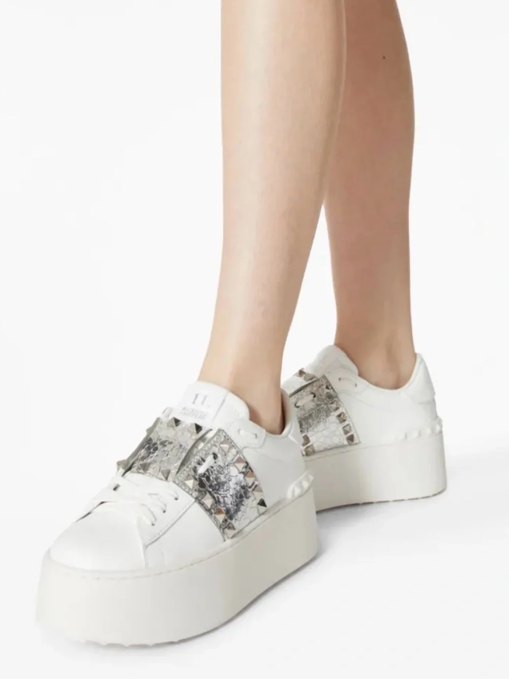 Valentino Garavani White Platform Sneakers with Silver Stud Accent